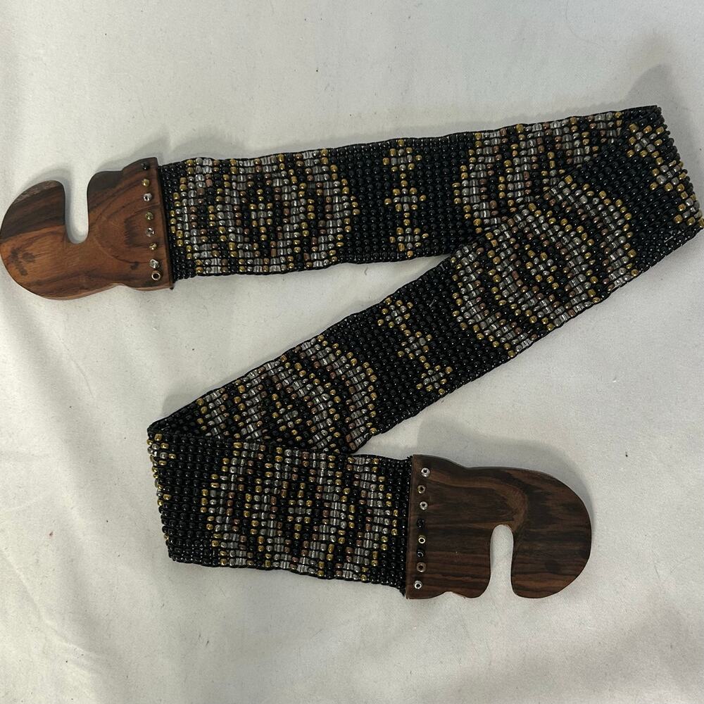 Vintage Beaded Stretch Belt Wooden Buckle Boho Tribal Geometric Wide Waist Belt